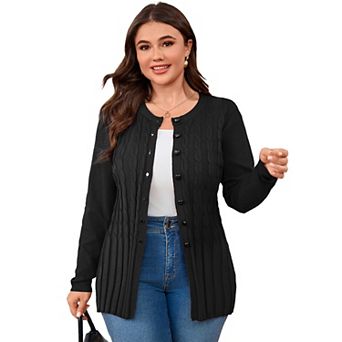 Women's Plus Size Round Neck Cardigan Sweater Button Down Casual Long Sleeve Open Knit Cardigan