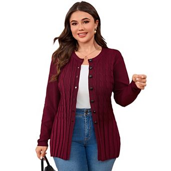 Women's Plus Size Round Neck Cardigan Sweater Button Down Casual Long Sleeve Open Knit Cardigan