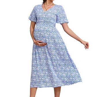 Maternity V Neck Pleated Waist Short Sleeve Pocket Floral Printed Midi Dress
