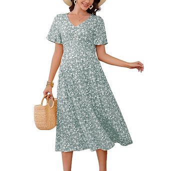 Maternity V Neck Pleated Waist Short Sleeve Pocket Floral Printed Midi Dress