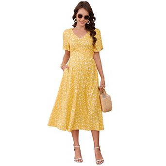 Maternity V Neck Pleated Waist Short Sleeve Pocket Floral Printed Midi Dress