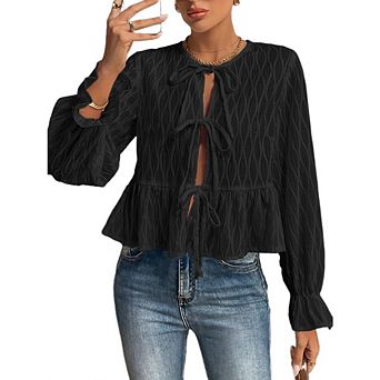 Women Puff Sleeve Peplum Tie Front Ruffle Babydoll Shirts Lace up Casual Striped Tops