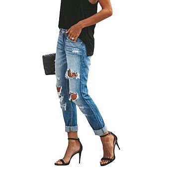 Women's Ripped Mid Waisted Boyfriend Jeans Loose Fit Distressed Stretchy Denim Pants
