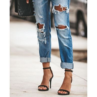 Women's Ripped Mid Waisted Boyfriend Jeans Loose Fit Distressed Stretchy Denim Pants
