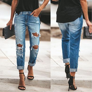 Women's Ripped Mid Waisted Boyfriend Jeans Loose Fit Distressed Stretchy Denim Pants