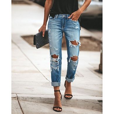 Women's Ripped Mid Waisted Boyfriend Jeans Loose Fit Distressed Stretchy Denim Pants