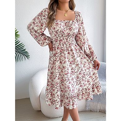 Womens Casual Square Neck Long Sleeve Boho Floral Midi Dress Print Midi Dresses
