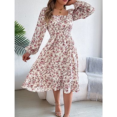 Womens Casual Square Neck Long Sleeve Boho Floral Midi Dress Print Midi Dresses