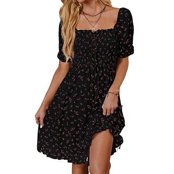 Womens Floral Ruffle Sleeve Blouse Flowy Lace Trimmed Short Sleeve Top for Summer Casual Boho Outing