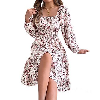 Womens Casual Square Neck Long Sleeve Boho Floral Midi Dress Print Midi Dresses