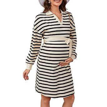 Womens V Neck Drop Shoulder Collar Neck Long Sleeve Striped Maternity Midi Dress