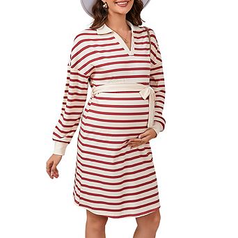 Womens V Neck Drop Shoulder Collar Neck Long Sleeve Striped Maternity Midi Dress