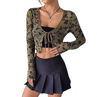 Womens Long Sleeve Mini Dress Casual Floral Lace Short Dress Babydoll Deep V-Neck Dress