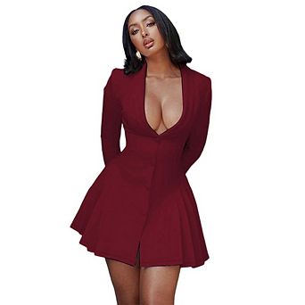 Deep V Long Sleeve Dress for Women A-line High Waisted Casual MIni Dress for Cocktail Wedding Party