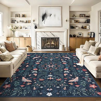 Insect Botanical Washable Area Rugs, Vintage Floral Boho Carpet for Living Room Nursery Hallway
