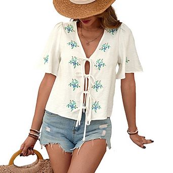Womens Short Sleeve Tie Front Top Causal Floral Embroidered Clothe V Neck Summer Beach Going Out Top