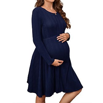 Maternity Crew Neck Long Sleeve Casual Knit Midi Baby Shower Sweater Dress