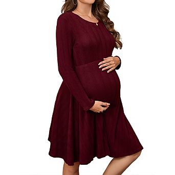 Maternity Crew Neck Long Sleeve Casual Knit Midi Baby Shower Sweater Dress