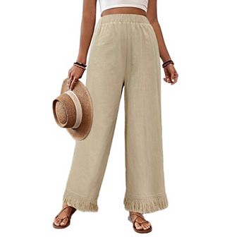 Wide Leg Pants for Women Elastic High Waist Fringe Tassels Beach Wear Loose Comfy Lounge Pants