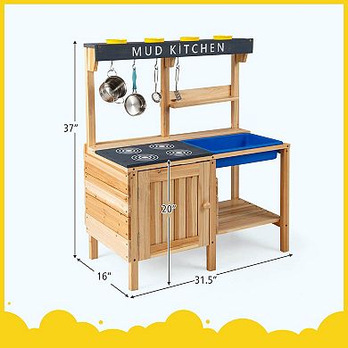 Costway Kids Kitchen Playset Wooden Outdoor Mud Kitchen Pretend Play Toy W/ Kitchenware
