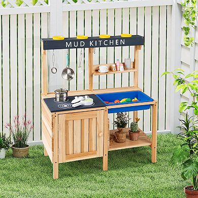 Costway Kids Kitchen Playset Wooden Outdoor Mud Kitchen Pretend Play Toy W/ Kitchenware
