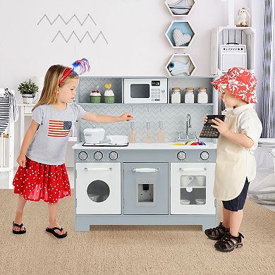 Costway Pretend Play Kitchen Wooden Toy Set for Kids w/ Realistic Light & Sound