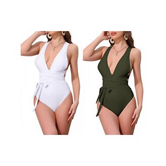 2 Packs Women's Deep V Neck Back Criss Cross Lace Up Monokini Bikini 1 pc Tummy Control High Cut