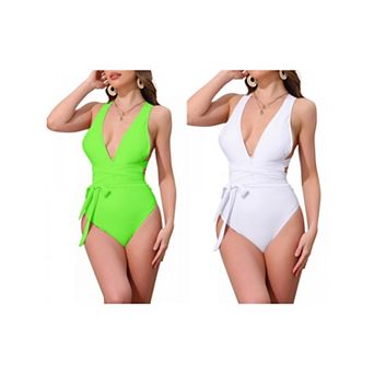 2 Packs Women's Deep V Neck Back Criss Cross Lace Up Monokini Bikini 1 pc Tummy Control High Cut