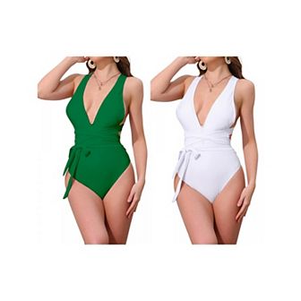 2 Packs Women's Deep V Neck Back Criss Cross Lace Up Monokini Bikini 1 pc Tummy Control High Cut
