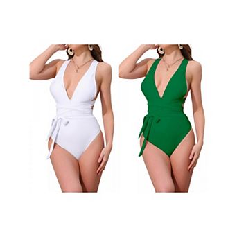 2 Packs Women's Deep V Neck Back Criss Cross Lace Up Monokini Bikini 1 pc Tummy Control High Cut