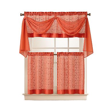 Kate Aurora Complete 4 Piece Linen Leaf Embroidered Complete Kitchen Curtain Set