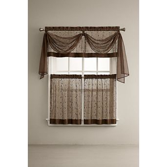 Kate Aurora Complete 4 pc Linen Leaf Embroidered Complete Kitchen Curtain Set