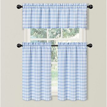 Kate Aurora Country Farmhouse Living Blue Plaid Gingham 3 pc Kitchen Curtain Tier And Valance Set