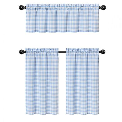 Kate Aurora Country Farmhouse Living Blue Plaid Gingham 3 Pc Kitchen Curtain Tier And Valance Set
