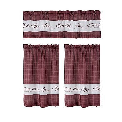 Kate Aurora Country Living Gingham Check Hope Faith Love 3 Pc Cafe Kitchen Curtain Set