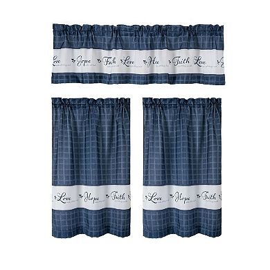 Kate Aurora Country Living Gingham Check Hope Faith Love 3 Pc Cafe Kitchen Curtain Set