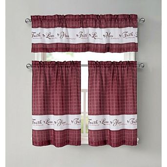 Kate Aurora Country Living Gingham Check Hope Faith Love 3 pc Cafe Kitchen Curtain Set