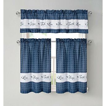 Kate Aurora Country Living Gingham Check Hope Faith Love 3 pc Cafe Kitchen Curtain Set