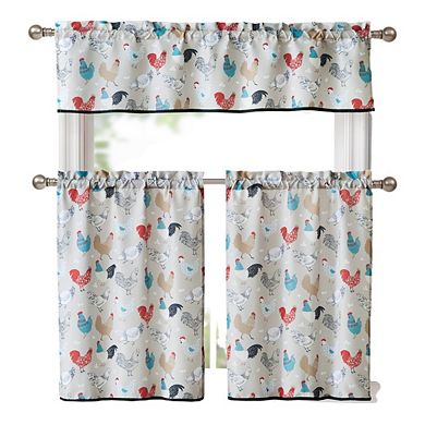 Kate Aurora Multi Rooster Complete 3 Pc Kitchen Curtain Tier and Valance Set