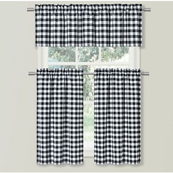 Kate Aurora Country Farmhouse Black and White Gingham Checkered Plaid Kitchen Curtain Set