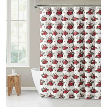Kate Aurora Red Trucks Evergreens and Candy Canes Sparkly Christmas Fabric Shower Curtain