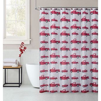 Kate Aurora Tis' The Season Holiday Christmas Trucks Fabric Shower Curtain With 12 Matching Hooks