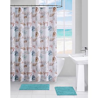 Kate Aurora Seaside Villa Mosaic Coastal Seahorses and Coral Fabric Shower Curtain