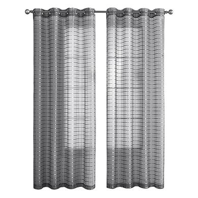 Kate Aurora 2 Piece Silver Plaid Grommet Top Sheer Window Curtain Panels