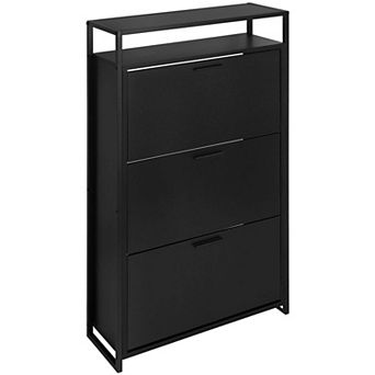 eHemco 3-Door Shoe Cabinet with Shelf, Modern Storage Organizer, Black Metal Frame, 3 Flip Drawers