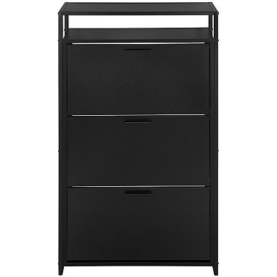 eHemco 3-Door Shoe Cabinet with Shelf, Modern Storage Organizer, Black Metal Frame, 3 Flip Drawers