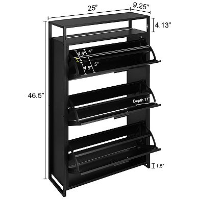 eHemco 3-Door Shoe Cabinet with Shelf, Modern Storage Organizer, Black Metal Frame, 3 Flip Drawers