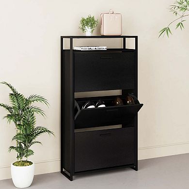 eHemco 3-Door Shoe Cabinet with Shelf, Modern Storage Organizer, Black Metal Frame, 3 Flip Drawers