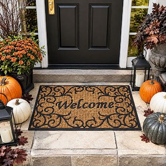 Kate Aurora Welcome Ironwork Designed Coir Bristled Outdoor All Season Welcome Mat With Rubber Trim
