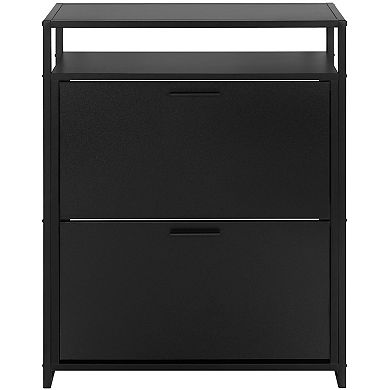 eHemco 2-Door Shoe Cabinet with Shelf, Modern Storage Organizer, Black Metal Frame, 2 Flip Drawers